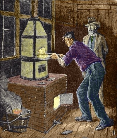Thomas Edison kokeilee vuoden 1879 tienoilla hiilipaperia hehkulamppua varten. tekijältä Unknown artist