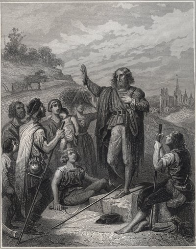 Thomas Muntzer saarnaa - Thomas Muntzer (Munzer) (1489-1525) opettaa oppiaan - Kaiverrus teokseen "Les Fastes Populaires, ou Histoire des sankariteot du peuple et de son vaikuttaa tieteeseen, taiteeseen, teollisuuteen ja maatalouteen kirjoittanut Alphonse  tekijältä Unknown artist