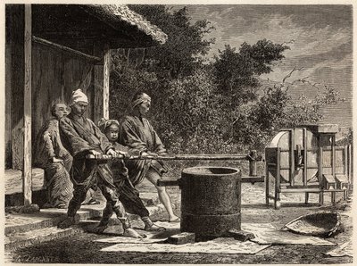 Kolme talonpoikaa, jotka hoitavat riisimyllyä. Kaiverrus havainnollistamaan matkaa Japaniin vuosina 1863-1864, Sveitsin valaliiton ministeri Aime Humbert, "Le tour du monde, nouveau journal des voyages", julkaistu Edouard Chartonin johdolla. tekijältä Unknown artist