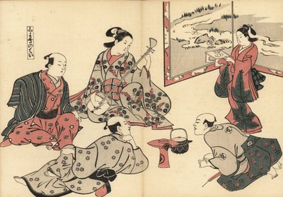 Kolme samuraita kuuntelee kurtisaanin soittavan shamisenia, kun kamuro tuo ruokaa tarjottimella. Masanobu Okumuran (1686-1764) puupalikkaprintti Fuzoku Emakimonosta, kuvakäärö Water Tradesta, Tokio, uusintapainos noin 1880. tekijältä Unknown artist