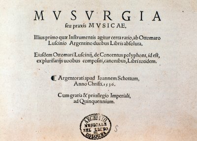 Musurgian käytännön musiikin käsikirjan nimisivu (1536) tekijältä Unknown artist