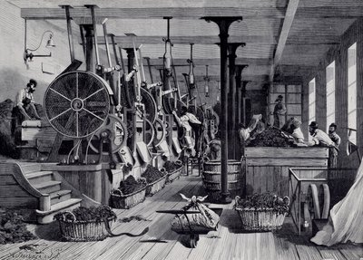 Tupakkatehdas, pesutupa ja tupakkarappaus. Kaiverrus noin 1867. Paris, Musee Carnavalet tekijältä Unknown artist