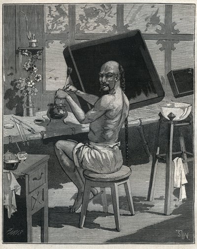 Tong-öljyn puute Kiinassa. Kaiverrus vuodelta 1885 kirjassa "Les arts et metiers illustres", kirjoittanut Adolphe BITARD. tekijältä Unknown artist