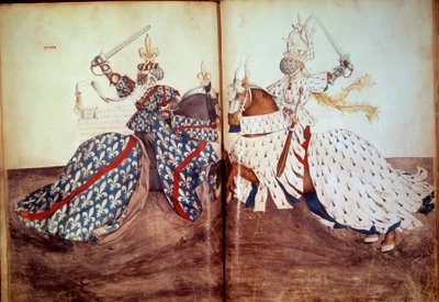 Turnaus: Peli kutsuvasta lordista ja vastaajasta (Bretagnen herttua ja Bourbonin herttua kasvot). Käsikirjoitus "" Kirja turnauksista"" (Folio 32v - folio33), kirjoittanut Rene d