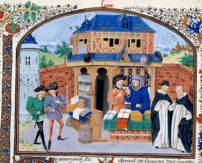 Kauppa: kauppa. Miniatyyri kreikkalaisen filosofin Aristoteleen (383-322 eKr.) käsikirjoituksesta "" Commentary on Ethics" - kääntäjä Nicolas Oresme (1325-1382) tekijältä Unknown artist