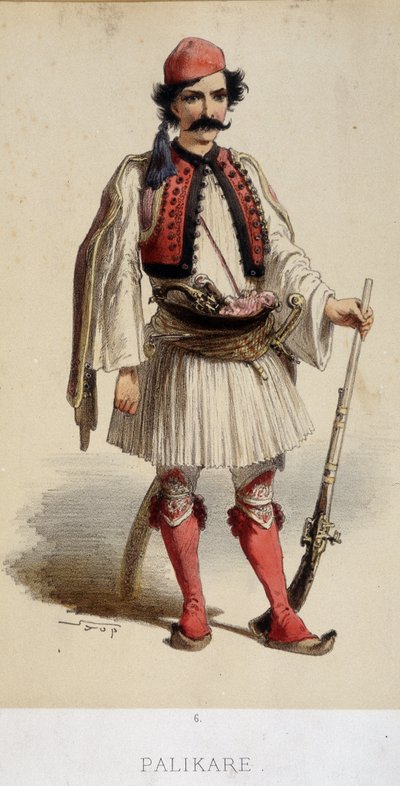 Perinteinen kreikkalainen miesten puku - kaiverrus, 1800-luvun loppu tekijältä Unknown artist