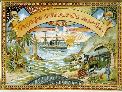 Juna, majakka ja vene, kansipeli "" Matka maailman ympäri", a.n.d. 19. tekijältä Unknown artist