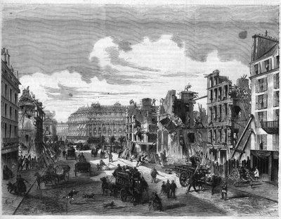 Pariisin muunnokset toisen imperiumin alaisina, Paris Haussmann (Boulevard, Haussmann toimii): Rue de la Paix -kadun purkaminen Rue Reaumur -kadun avaamista varten. Kaiverrus "" Maineikas universumi"" tekijältä Unknown artist