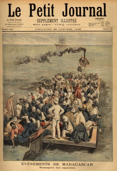 Haavoittuneiden rapatrien kuljetus Madagaskarilta. Kaiverrus "" Le petit Journal" -lehdessä 26/01/1896. Selvan kokoelma. tekijältä Unknown artist