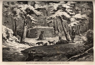 Matkailijan talvimökki kauniilla niityllä (Kanada), turvapaikka ansojalle ja heidän kelkkailulle. Kaiverrus havainnollistamaan matkaa Atlantilta Tyynellemerelle (route du nord ouest par les terres), vuosina 1862-1864 varakreivi Miltonin ja tohtori Cheadlen tekijältä Unknown artist