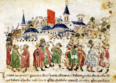 Matkustavat pyhiinvaeltajat saapuvat Roomaan. 1300-luvulla. Chronicles Sercambi. Lucca, Kansallisarkisto. tekijältä Unknown artist