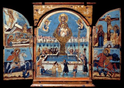 Neitsyt Triptyykki, elämän lähde Keskipaneeli: Neitsyt ylittää ihmeellisen vesisuihkulähteen. Vasemmalla ylösnousemus ja laskeuma. Alla ritari (Saint George), joka kaataa lohikäärmeen. Oikealla ristiinnaulitseminen ja ritarin sanapeli tekijältä Unknown artist