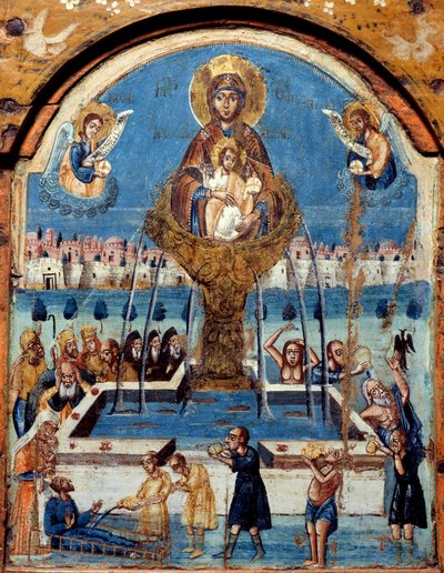 Neitsyt Triptyykki, elämän lähde Neitsyt kuohuu ihmeellisen vesisuihkun yläpuolella. Keskipanneu, maalaus Lähi-idän puulle. 1800-luvun Rouen musee des Beaux Arts tekijältä Unknown artist