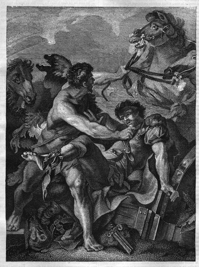 Herkuleen kaksitoista teosta: Diomede tappaa Herkulesin toimesta ja syö omilla hevosillaan. kaiverrus Jean-Baptiste-Marien (Jean Baptiste Marie) Peterin maalauksen jälkeen. (1714-1789) tekijältä Unknown artist