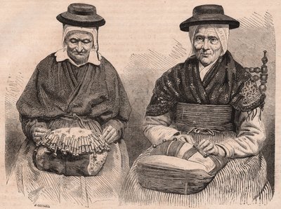 Kaksi Bobbin-pitsien valmistajaa Puy-en-Velayssa (Haute-Loire) Auvergnessa, Ranskassa tekijältä Unknown