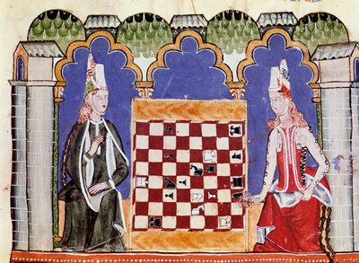 Kaksi naista pelaamassa shakkia. Miniatyyri Alfonso X Viisaan tai Savantin käsikirjoituksesta "" Libro de los juegos" (espanjaksi Alfonso X el Sabio tekijältä Unknown artist