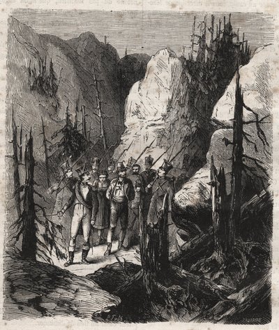 Tirolilainen patriootti Andreas Hofer (1767-1810) pidätetään - italialaiset joukot pidättivät tirolilaisen patriootin Andreas Hoferin (1767-1810) 19.1.1810 Kaiverrus vuodelta 1879 kirjassa "Histoire des societes secretes, Zagreb politiquesone et religieccu tekijältä Unknown artist