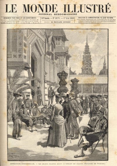 Maailmanlaajuinen näyttely 1889 - Alkuperäiskansat siirtomaapaviljongin (Esplanade des Invalides) edessä. Kansi "" Le Monde Illustré"" 1.6.1889. tekijältä Unknown artist