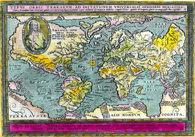 Universaali maantieteellinen kartta (maailmankartta) vuodelta 1596. Kaiverrus. Yksityinen kokoelma. tekijältä Unknown artist