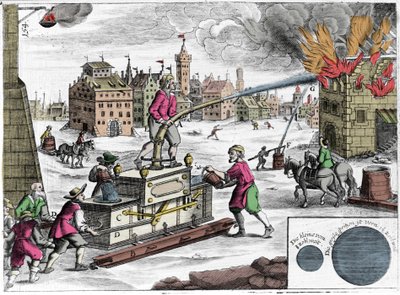 Palokunnan käyttämä palopumppu. Kaiverrus Georg Andreas Bocklerin (1644-1698) teoksesta "Theatrum Machinarum novum" tekijältä Unknown artist