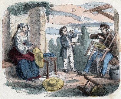 Olkien käyttö 1800-luvulla: mies koristelee tuolin oljilla, nainen punoi hattuja (koristeita), lapsi tekee pilleillä saippuakuplia. Kaiverrus 1800-luvun lopulla. tekijältä Unknown artist