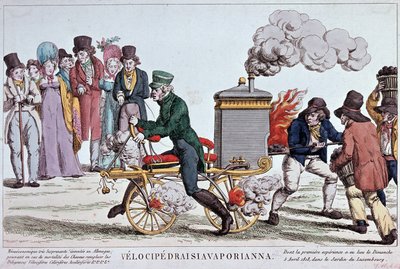 Velocipedraisiavaporianna: steam velocipede - kaiverrus noin 1818, Bibl. Pariisin kaupungista. tekijältä Unknown artist