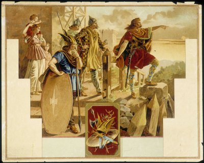 Vercingétorix gallialaisten, sotureiden, naisten ja lasten ympäröimänä - Kromolitografia tekijältä Unknown artist