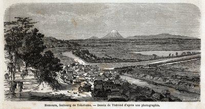 Näkymä Homouraan, Yokohaman esikaupunkiin, taustalla Fuji-vuori. Kaiverrus havainnollistamaan matkaa Japaniin vuosina 1863-1864, Sveitsin valaliiton ministeri Aime Humbert "Le tour du monde, nouveau journal des voyages" -julkaisussa. tekijältä Unknown artist