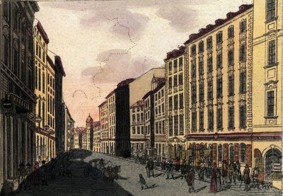 Näkymä Kohlmarkt-kadulle Wienissä, Itävallassa Kaiverrus vuodelta 1820 tekijältä Unknown artist