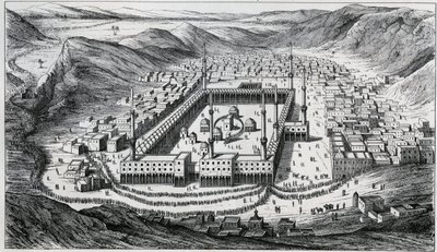 Näkymä Mekkaan ja sen suuresta moskeijasta pyhiinvaeltajien vierailun aikaan - 1800-luvun kaiverrus tekijältä Unknown artist