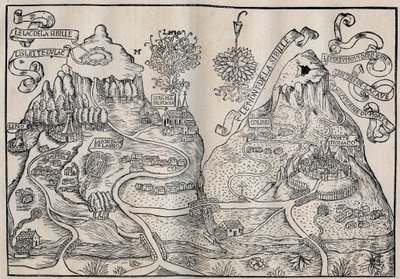 Näkymä Sibille-vuorelle (Kuningatar Sybillen paratiisi) (Kaksoiskartta Pilatus- ja Sibyl-vuoresta) - Antoine de La Sale (La Salle) Ranskalainen satiirinen kirjailija 1400-luvulta. tekijältä Unknown artist