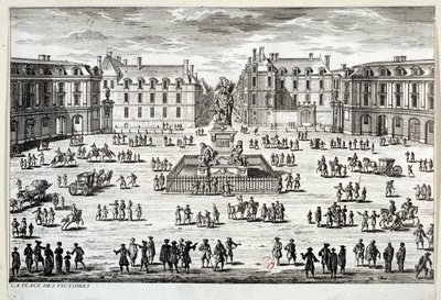 Näkymä Place des Victoires -aukiolle Pariisissa ja Ludvig XIV:n patsas, jonka Marechal de la Feuillade nosti vuonna 1686. Kaiverrus 1600-luvun Pariisista, Musee Carnavalet tekijältä Unknown artist
