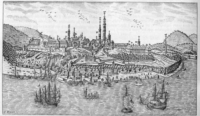 Näkymä Quebecin kaupunkiin Kanadassa (1600-luvun loppu): A. Jardin du Fort. B. Linnoitus. C. Jauhekauppa. D. Les Recollets. E. Ursulines. F. Jesuiitat. G. Katedraali. H. Seminaari. I. Hotelli Dieu. L. General Hospital. Herra L
