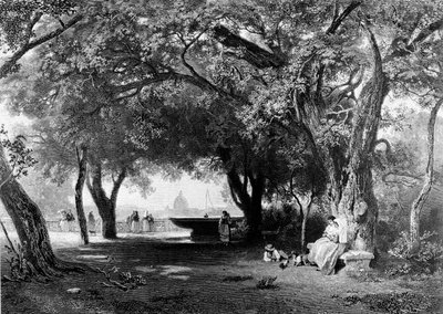Näkymä Roomaan Pinciosta, jossa Villa Medici seisoo. Taustalla näemme Pyhän Pietarin kupolin. Kaiverrus, noin 1840. tekijältä Unknown artist
