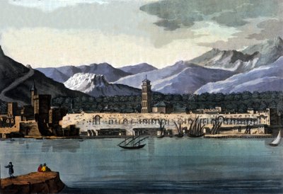 Näkymä Splitiin (Spalato), Kroatia, mereltä. Akvarelli 1800-luvun alusta tekijältä Unknown artist
