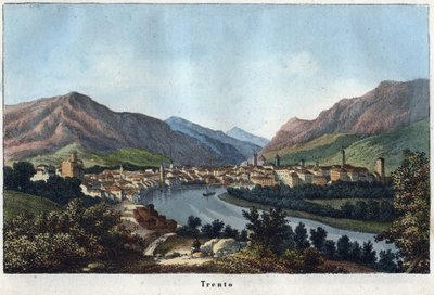 Näkymä Trentoon (Etelä-Tiroli, Italia) (Trento) - 1800-luku - kaiverrus kirjasta "Universumin kaikkien kansojen käyttö ja tavat". Se on kaikkien kansojen hallituksen, lakien, miliisin, uskonnon historiaa kaukaisimmista ajoista päiviin tekijältä Unknown artist