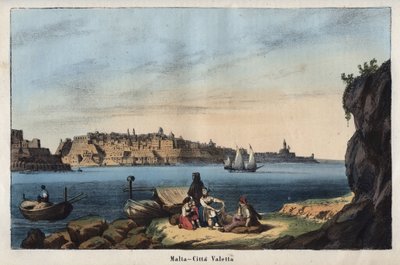 Näkymä Vallettaan (Malta) 1800-luvulla - kaiverrus kirjasta "Kaikkeuden kaikkien kansojen tapoja ja perinteitä". Eli kaikkien kansojen hallituksen, lakien, miliisin, uskonnon historia kaukaisimmista ajoista nykypäivään "1856 tekijältä Unknown artist