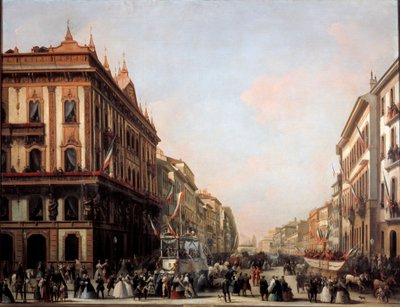 Näkymä Venezia-kadulle, jossa on karnevaalikelluke, Milano (maalaus tekijältä Unknown artist