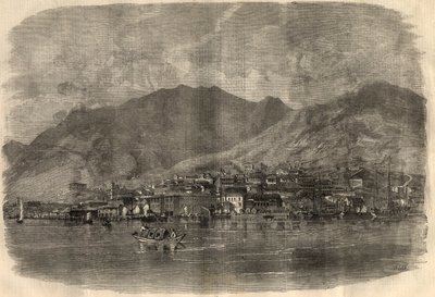 Näkymä Victoria Cityyn Hongkongissa. Kaiverrus "" The Illustrated London News" -julkaisuun 14. maaliskuuta tekijältä Unknown artist