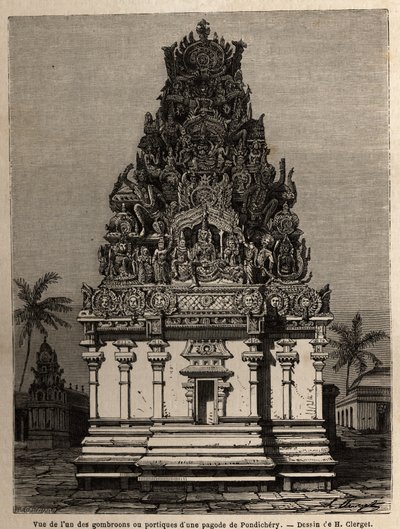 Näkymä yhdestä pondicheryn pagodin (Pondicherry) gombroooneista tai portikoista (Intia). Kaiverrus havainnollistamaan retkikuntaa Chillambaranin (Coromandel cote) pagodille vuosina 1838–1844, vasta-amiraali Parisin, depot des cartes -varaston johtajan. tekijältä Unknown artist