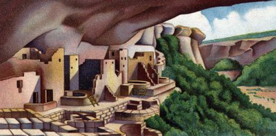 Näkymä Cliff Palace (Ancient Pueblo Building) Mesa Verden kansallispuisto, USA (Näkymä Cliff Palace, suurin kallio asunto Pohjois-Amerikassa, rakenne rakennettu Ancient Pueblo Peoples sijaitsee Mesa Verden kansallispuistossa, Colorado Usa) 1930-luvulla tekijältä Unknown Artist