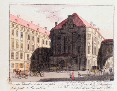 Näkymä Court Theater -teatterista lähellä Kärntenin porttia (Karntnertortheater tai Theater am Karntnertor) Wienissä, jossa Beethovenin 9. sinfonia esiteltiin ensimmäisen kerran 7.5.1824. Itävalta. Kaiverrus 1815 Yksityiskokoelmasta tekijältä Unknown artist