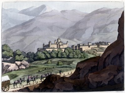 Näkymä Escorialille (Escorial), Espanjan palatsille ja luostarille, rakennettu Philip II:n aikana vuosina 1563-1584. Litografia 1800-luvulta. tekijältä Unknown artist