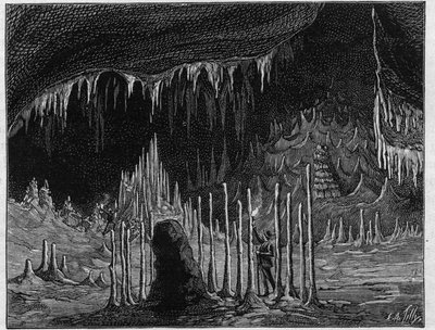 Näkymä "kirkon salille" Dargilanin (Lozere) luolassa. Kaiverrus "" La Nature -kirjaan. Revue des sciences et de ses applications aux arts et a l