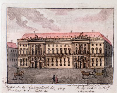 Näkymä Bohemen ja Itävallan liittokanslerin hotellista Wienissä, Itävallassa. Kaiverrus 1815 Yksityiskokoelmasta tekijältä Unknown artist
