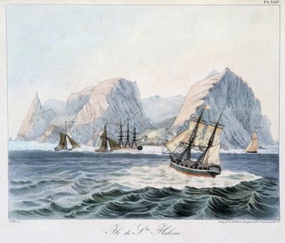 Näkymä Pyhän Helenan saarelle "" Päiväntasausalueiden maisemia ja maisemia, kerätty matkalla maailman ympäri", sd. 1800-luvun alku tekijältä Unknown artist