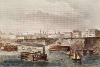 "" Näkymä Cincinnatin kaupunkiin ja samannimiselle joelle Ohiossa" Höyry- ja pyöräveneet purjehtivat. Kaiverrus 1800-luvulta tekijältä Unknown artist