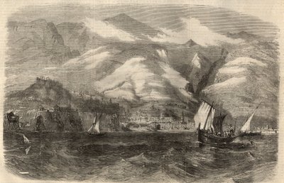 Näkymä Funchalin kaupunkiin Maderen saarella (Madeira) Portugalissa. Kaiverrus "" The Illustrated London News" -julkaisuun 29. helmikuuta tekijältä Unknown artist