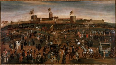 Näkymä Milanon kaupungista, Sforzan linnasta (castello Sforzesco) ja vaunujen liikenteestä Anonyymi maalaus noin 1660-1670 Milano, museo di Milano tekijältä Unknown artist