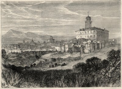 Näkymä Monterotondon kaupunkiin (Monte Rotondo, Monte-Rotondo) Italiassa. Kaiverrus "" L